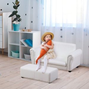 Qaba Kids Sofa Set with Footstool for Toddlers and Babies, White White