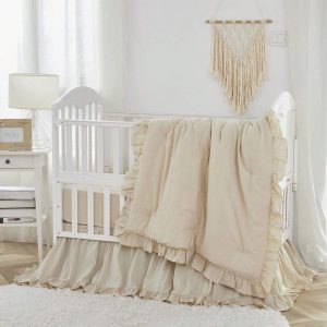 Brandream Gender Neutral Boho Bohemian Baby Girl Boy Nursery Crib Bedding Set 3 Pieces Solid Beige Farmhouse Chic Ruffle Unisex Cozy 100% Washed Cotton Beige