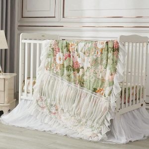 Brandream Crib Bedding Sets For Girls Garden Floral Nursery Set 3-Piece | Ruffled Baby Comforter, Crib Sheet And Tulle Lace Crib Bed Skirt, Green White Green