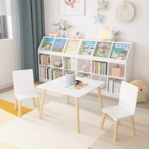 Kids Table And 2 Chairs Set, 3 Pieces Toddler Table And Chair Set, Wooden Activity Play Table Set White