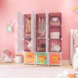 12-Cube Kids Wardrobe Baby Dresser Bedroom Armoire Clothes Hanging Closet w/Door