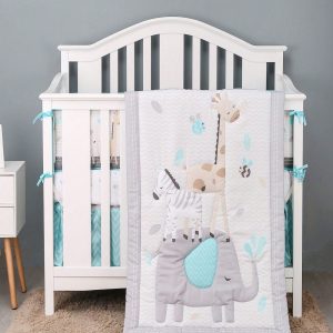 Sweet Baba Sweet Baba Grey Animal Crib Bedding Set For Unisex Girls And Boys, 3 Pieces Crib Set Including Quilt, Fitted Sheet, Crib Skirt Light Grey