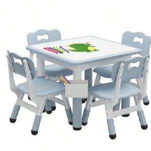 Height-Adjustable Kids Table And Chairs Set With Graffiti Desktop - 4-In-1 Activity Table For Play, Learning, And Mealtime Baby Blue