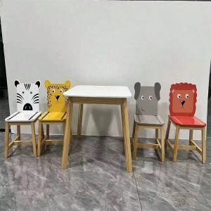 5 Piece Kiddy Table And Chair Set , Kids Wood Table With 4 Chairs Set Cartoon Animals (Bigger Table) (3-8 Years Old) White