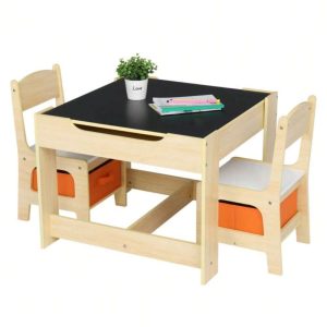 Kids Wooden Table And Chair Set With Two Storage Bags (One Table And Two Chairs) Natural