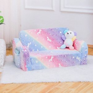 Baby Toddler Sofa Couch For Kids Extra Wide 2-In-1 Toddler Sherpa Fold Out Couch Bed For Playroom, Pull Out Children Convertible Sofa To Lounger For Boys And Girls With Double Pockets Glowing Pink