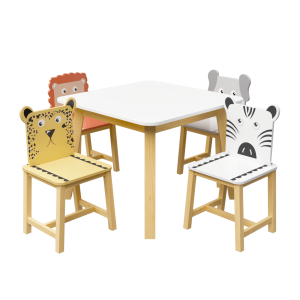 Kids Table And 4 Chairs Set,5 Pieces Cartoon Table Set For Kids,Table & 4 Animals Chair Set 2-8 Age Boys And Girls,Backrest Chairs Wood Table Kids' Room Furniture For Reading, Drawing, Eating, Studying, Parent-Child Interaction Activity Play Lions&Zebras&Elephants&Leopards-5 Pieces Set