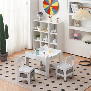 Children's Wooden Table And Chair Set With Two Storage Bags (One Table And Two Chairs) Grey And White White