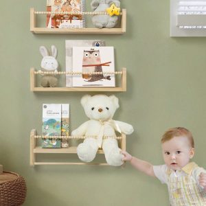 Children Floating Shelves For Wall,  Natural Wood Wall Mounted Organizer With Towel Rack Hanging Bookshelves Nursery Decor For Children Room, Bedroom And Kitchen,Set Of 3 Book Shelves Khaki