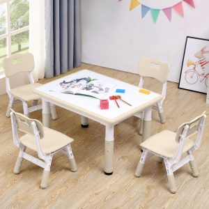 Kids Table And Chairs Set, Height-Adjustable Toddler Table And Chairs Set For Age 3-8, 31.5''Lx23.6''W Graffiti Desktop, Kids Activity Table For Daycare, Classroom, Home (4 Chairs) natural wood color and white