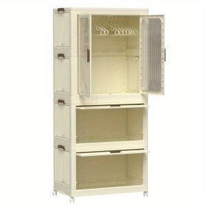 Portable Wardrobe Closet Organizer with Magnetic Doors 4 Storage Cubes and Hanging Rod White Baby Storage Cabinet with Hangars