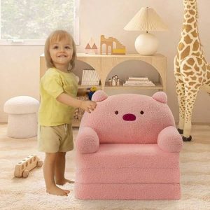 Comfortable Toddler Chair, Kids Sofa Folding Lounge Chair, Foldable Baby Sofa Plush For Boys And Girls 18 Months And Up Pink Pig