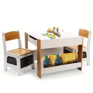 Toddler Table And Chair Set, Kids Wood Table And Chairs, Children Activity Table With Bookshelf, Toddler Table And Chairs With Storage Drawer For Reading, Drawing, Eating