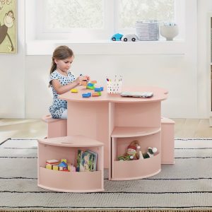 Toddler Table And Chair Set With 4 Storage Stools, Flower Shaped Nesting Design Table