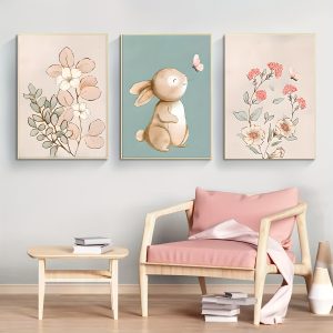 3pcs Fiber Canvas Print Original Design Rabbit And Flower Wall Art, Cute Bunny Botanical Flowers Wall Decor, Nursery Wall Art For Baby Boys And Girls Playroom Paintings Unframed 12x16inch