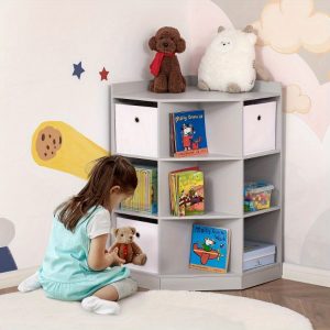 HOMCOM Kids Corner Cabinet, Cubby Toy Storage Organizer, Bookshelf Unit with Three Baskets for Playroom, Bedroom, Living Room, Grey